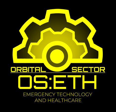 Logo for Orbital Sector: Emergency Technology and Healthcare, or OS:ETH. The logo shows a yellow coloured gear above the sector name.