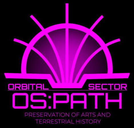 Logo for Orbital Sector: Preservation of Arts and Terrestrial History, or OS:PATH. The logo shows a magenta coloured stylised open book above the sector name.