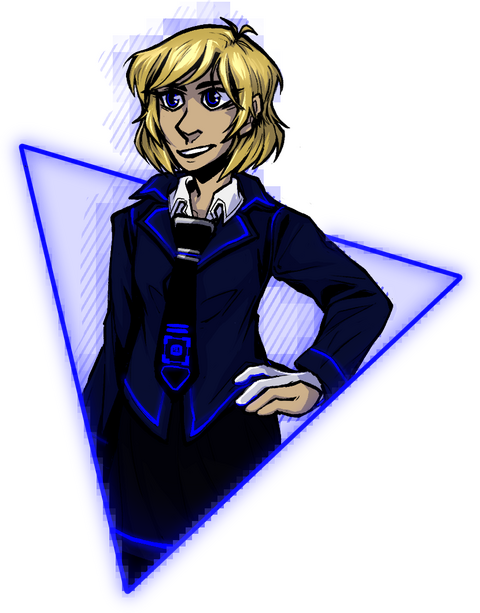 Art of the character Skyler smiling on a blue triangle background. She is blonde, light skinned and wearing a futuristic blue and black uniform with a half glove on her hand.