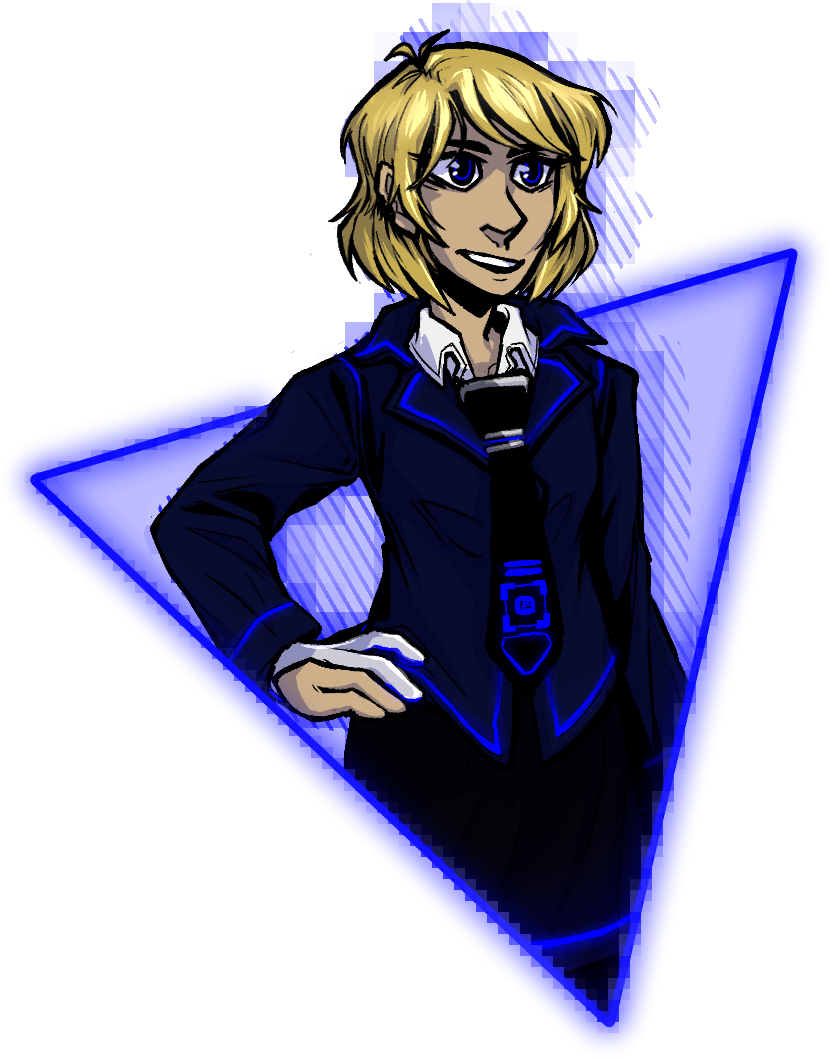 Art of the character Skyler smiling on a blue triangle background. She is blonde, light skinned and wearing a futuristic blue and black uniform with a half glove on her hand.
