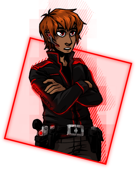 Art of the character Ethan with a neutral expression on a red square background. He has dark ginger hair and brown skin and is wearing a futuristic red and black security guard uniform with a utility belt.