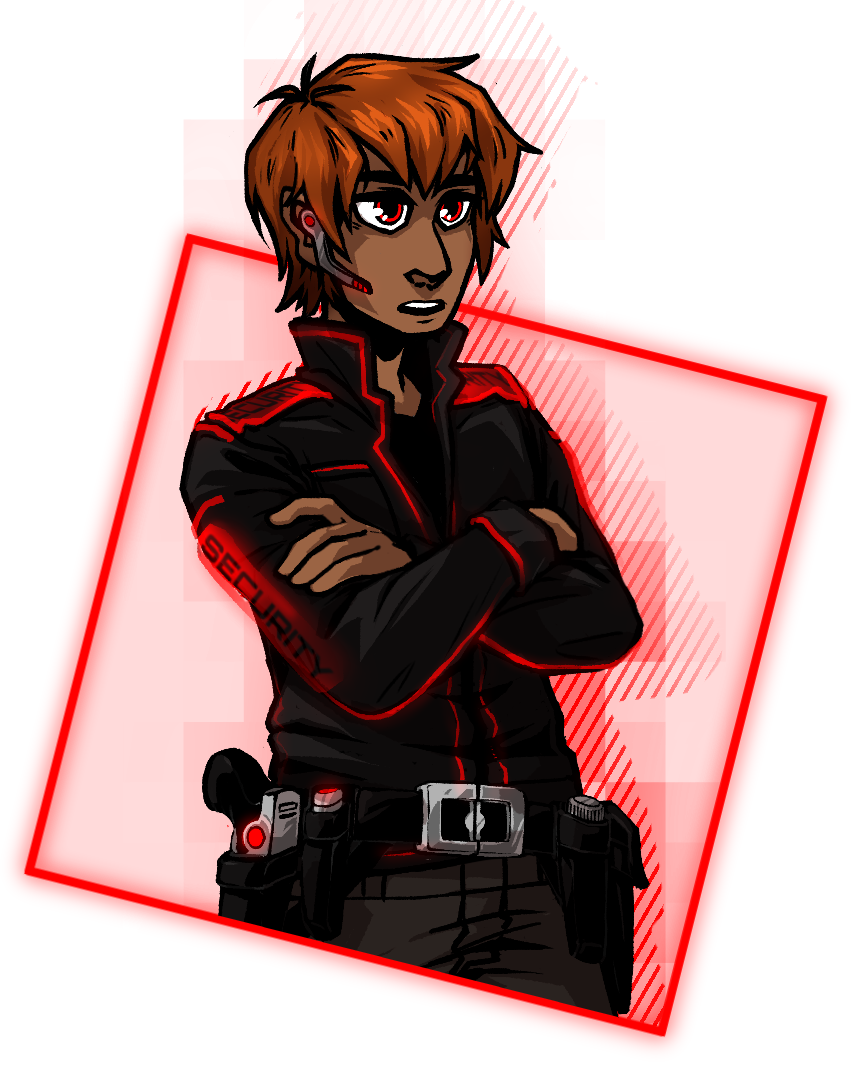 Art of the character Ethan with a neutral expression on a red square background. He has dark ginger hair and brown skin and is wearing a futuristic red and black security guard uniform with a utility belt.