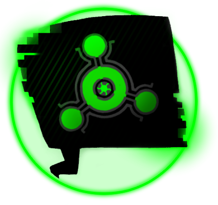 Art of the character Trinity, represented by a geometric shape on a black speech bubble against a green circle background. The geometric shape is a large circle orbitted by three smaller circles, with a stylised eye in the middle of the central circle.